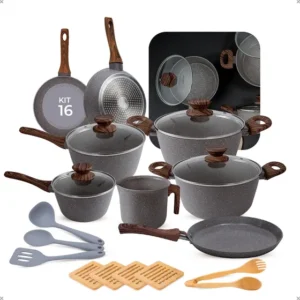 Conjunto de panelas antiaderentes de cerâmica Mimo Style com 16 peças na cor grafite