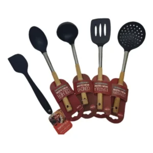 Jogo Espatula/colher/concha/ 05 Pçs Silicone C/ Cabo Madeira