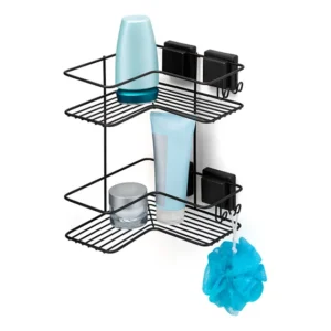Suporte Duplo Box Banheiro Cantoneira Porta Shampoo Sabonete Cosméticos Parede Sem Furo Ventosa Preto Arthi