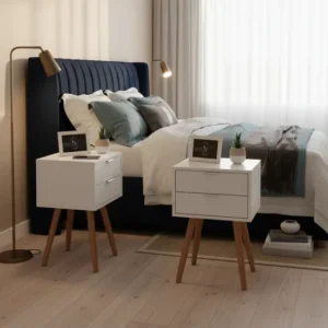 Kit Mesa De Cabeceira 40cm Mdf 2 Gavetas Off White Montada Fosco Cabeceira