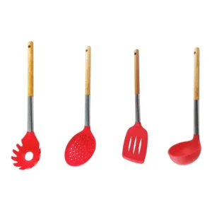 Kit C/ 4 Pçs Silicone Pegador, Escumadeira, Espátula, Concha Vermelho