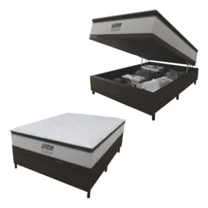 Cama Box Baú Casal Colchão Molas Pocket Ensacadas Tower 138x188x75cm Branco e Preto Gazin