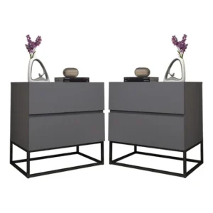 Kit Criado Mesa De Cabeceira Duas Gavetas 45cm Cinza/preto