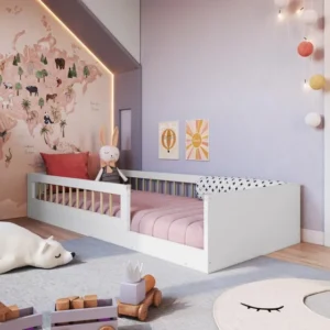 Cama Infantil De Chão Montessoriana Solteiro Grade Proteção Cor Branco MKTPAFT008