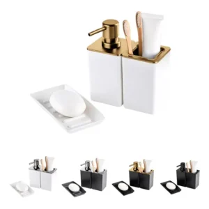 Kit Banheiro Conjunto Dispenser Porta Escovas E Saboneteira Branco/dourado Fosco