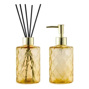 Kit Vidros Porta Sabonete Liquido E Difusor Lavabo Banheiro Cor Ambar