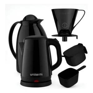 Kit Café Chaleira Elétrica + Garrafa Açucareiro Coador Preto 127v