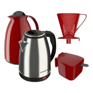 Chaleira Elétrica Unitermi Vermelha Inox 1200W 1,8L com Garrafa Térmica