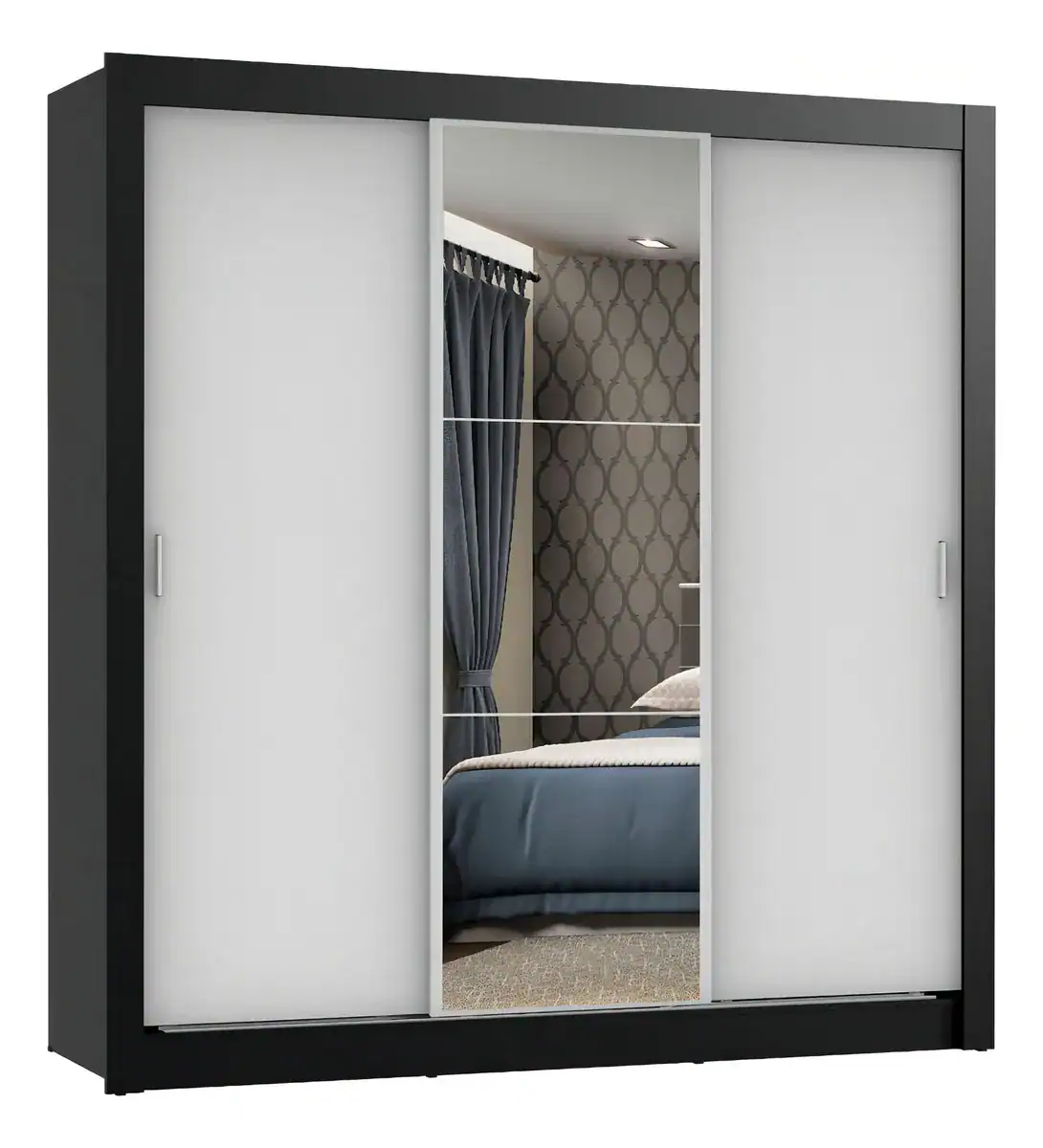 Guarda Roupa Casal Mônaco Madesa 3 Portas Correr Espelho Pb Cor Preto/Branco 1093D81E - Imagem 9