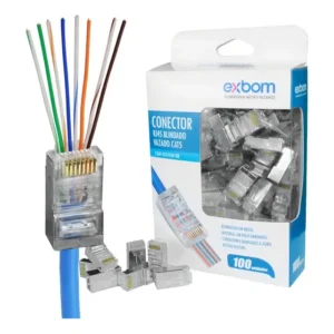 Kit 100 Conectores Rj45 Macho Cat5e Cat6 Vazado Rede Utp Banho de Ouro