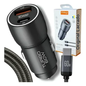 Carregador Veicular Turbo 60w Kit Com Cabo Automotivo Tipo-c Preto