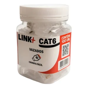 Conector RJ45 Link+ Cat6 Vazado Pote 100 pcs Passagem Crimpagem Fácil