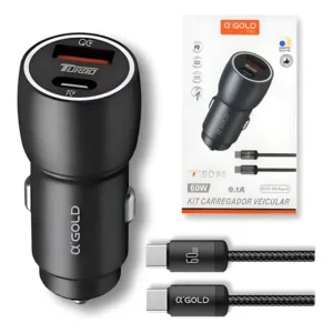 Carregador Veicular Turbo 60w Kit Com Cabo Carro Automotivo Cinza