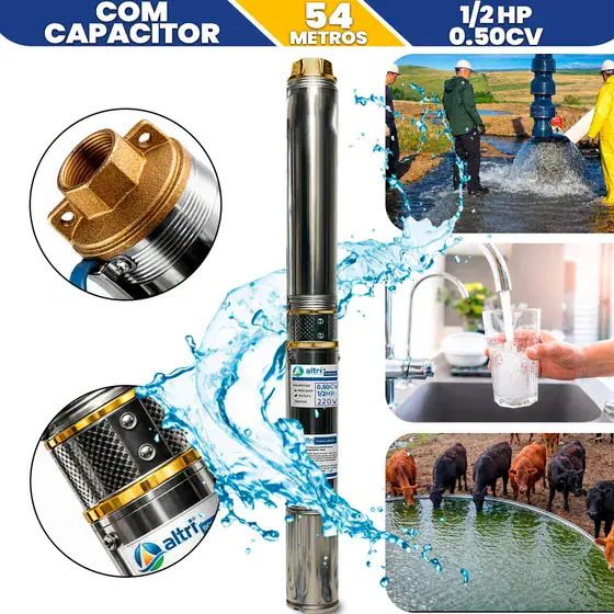 Bomba Submersa Caneta Palito 1/2hp 0,50cv 54m Poço Artesiano Caixa Cisterna3 Pol ( Cano 100mm ) Submersível