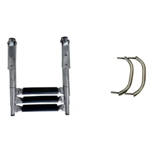 Kit Náutico: Escada Retrátil 3 Degraus Inox Telescópica + Puxador Inox 2 Pçs Alça 22cm
