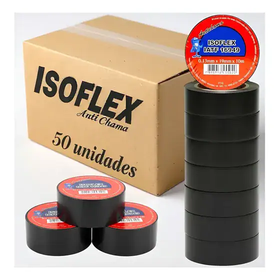 Kit 50 Fitas Isolantes 10 Metros Antichama Preta Preto Liso
