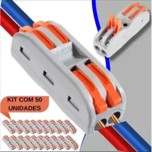 Kit 50 Conector Emenda Rápida De Alavanca Borne Cabos Fios 2 Vias 32a / 250v Compacto Trava Fio Elétrico Click Substituto Fita Isolante Gurumania