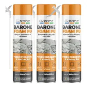 Kit 03 Unidades Espuma Expansiva Pu Poliuretano Profiisional Adesivo Selante Acabamento Instalação Portas Janelas Esquadrias Vidro Uso Geral 340g/500 ml Barone