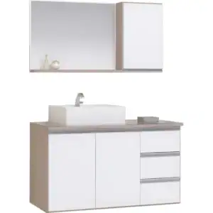 Conjunto Gabinete Banheiro Completo Prisma 0.80m Móvel Madeirado/branco