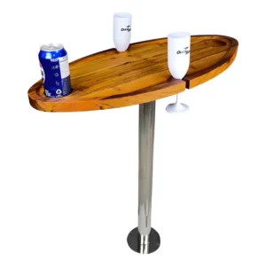 Mesa Nautica Elíptica Teca C/ Pedestal Inox 2 Taças Lancha