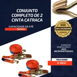 Kit 2 Cintas Catraca 800kg 3m Laranja Gancho J Aço Bicromatizado