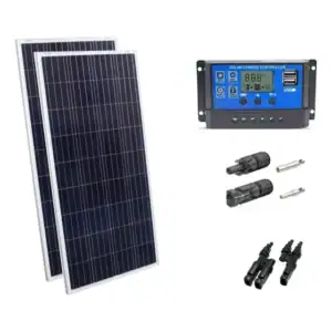 Kit 2xpainel Placa Energia Solar 155w Controlador De Carga30 Cor Azul Voltagem De Circuito Aberto 24.46v Voltagem Máxima Do Sistema 20.64v