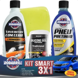 Kit Rodabrill 3 em 1 Lavar Carro Silicone Shampoo Pretinho Espuma 500ml
