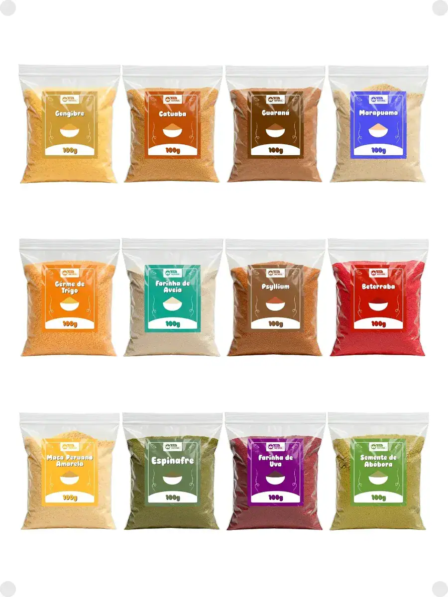Kit 12 Farinhas Naturais Em Pó (100g Cada)