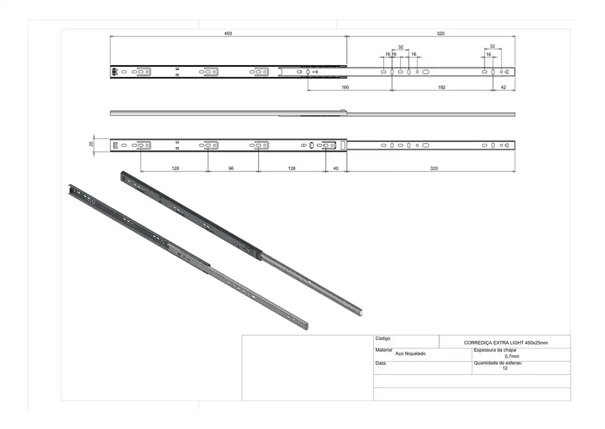 kit 4 pares Corrediça Telescópica 45cm Aço Zincado 20kg Para Gavetas Compra Segura Ekom - Imagem 2
