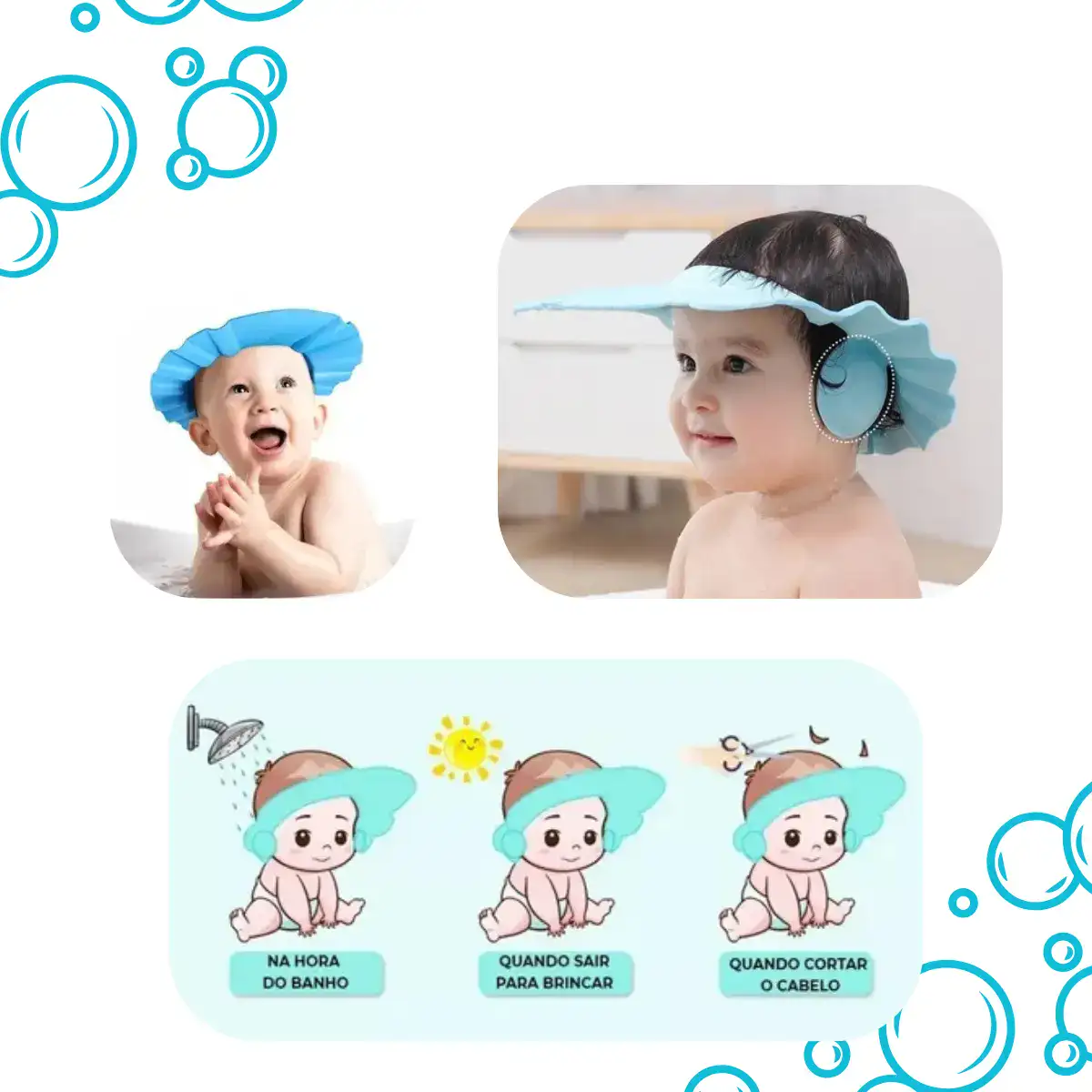 Viseira Banho Infantil Proteção Água Olhos Ouvidos Chapéu - Imagem 2