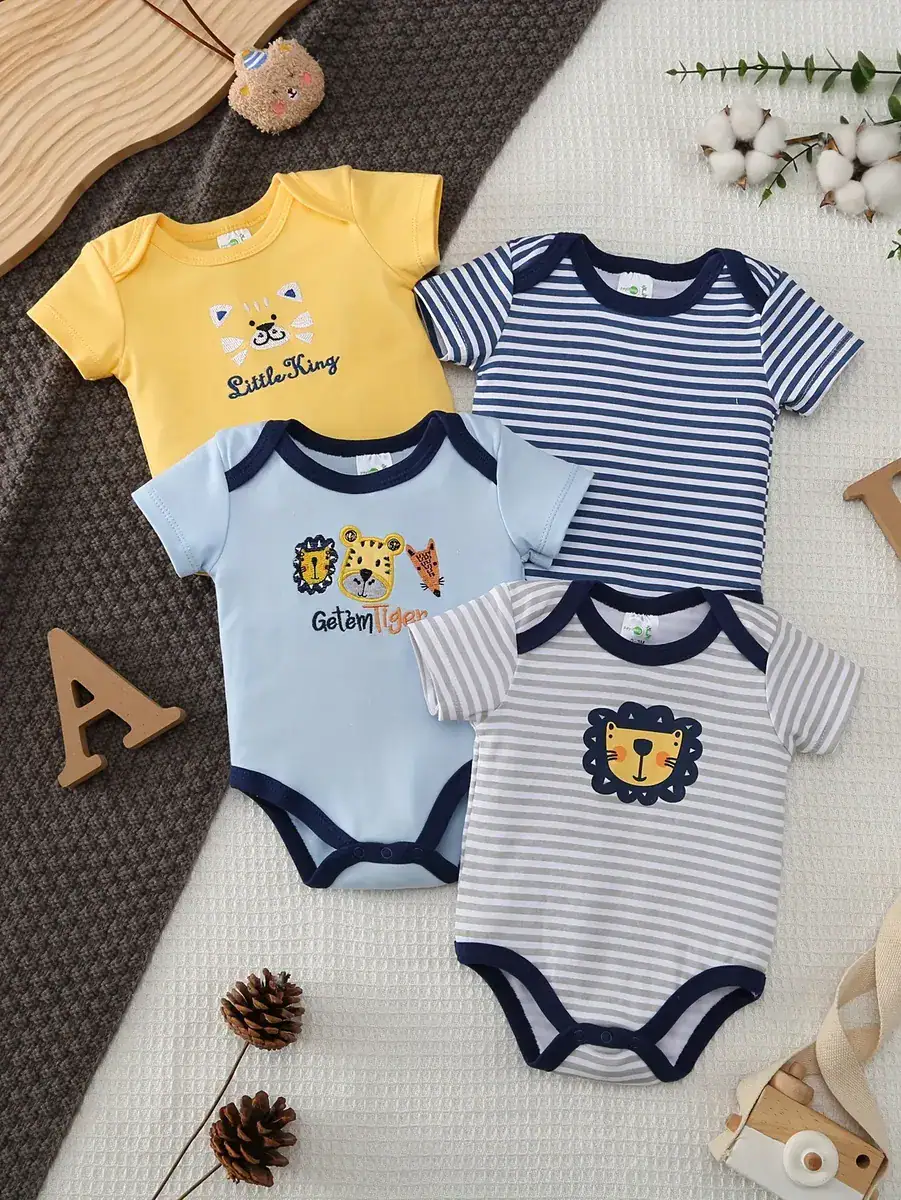 Kit 4 Bodies Bebê Algodão Leão Manga Curta
