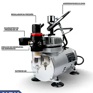 Kit Aerógrafo Compressor Bivolt Profissional + Aerógrafo Bico 0.3mm Para Aeromodelismo, Airbrush, Barbeiro Wwsoldas