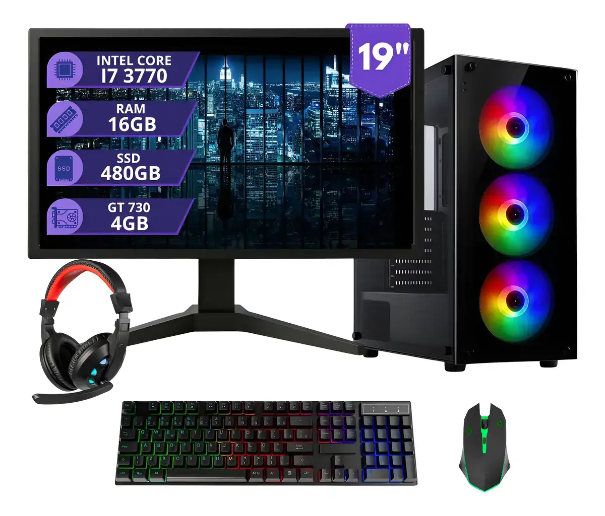 Pc Gamer I7 3.4ghz 16gb Ssd 480gb Placa Video 4gb Monitor 19 - Imagem 6