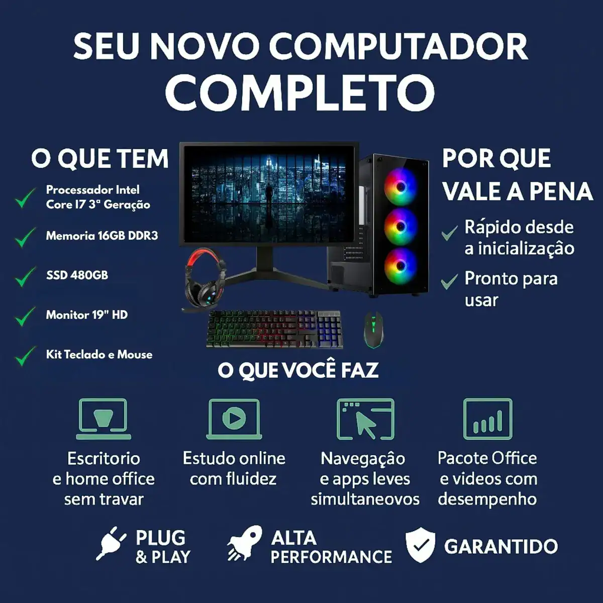 Pc Gamer I7 3.4ghz 16gb Ssd 480gb Placa Video 4gb Monitor 19 - Imagem 2