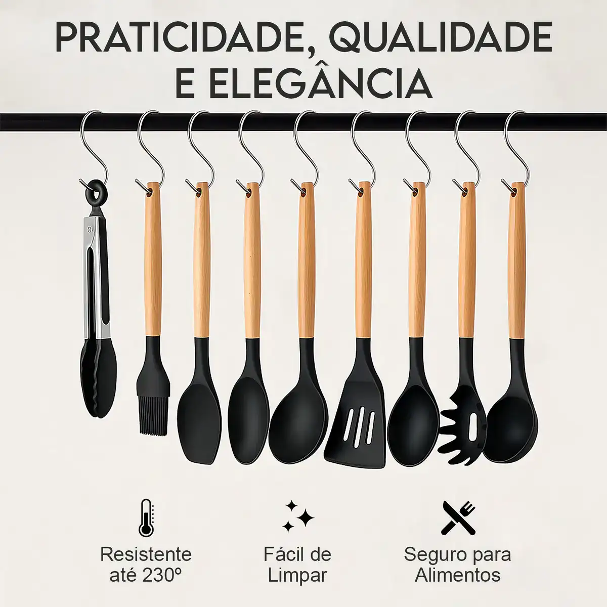 Kit Completo 12 Utensílios De Cozinha Silicone Cabo Madeira Alta Resistência Antiaderente Durável Design Moderno Ideal Para Cozinhar e Servir Com Segurança Ponte Lar Utilidades - Imagem 3