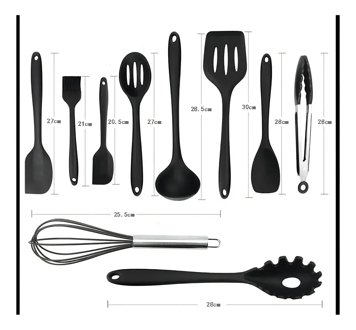 Jogo 10 Colheres De Silicone Cabo Inox Utensílios Cozinha Cor Preto - Imagem 2