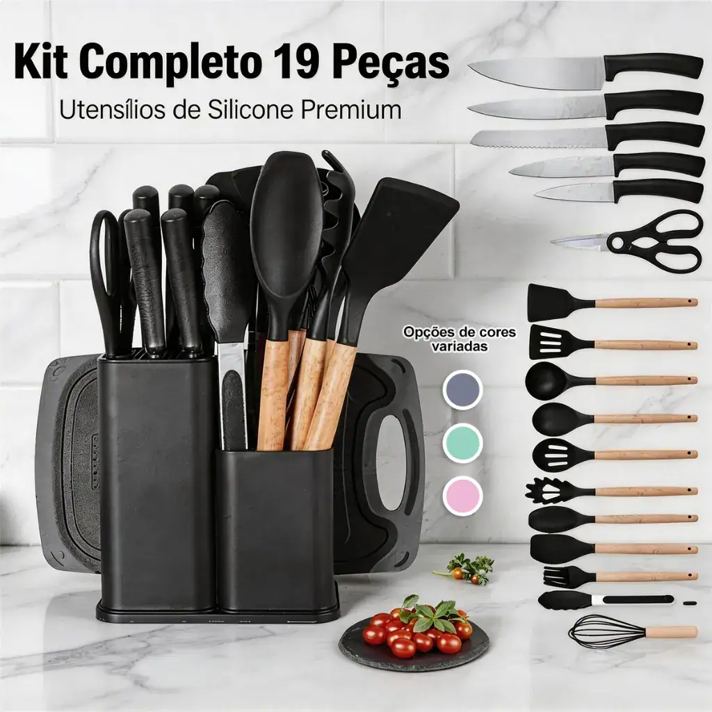 Kit 19 Utensílios Para Cozinha Com Tábua E Espátula Preto - Imagem 6