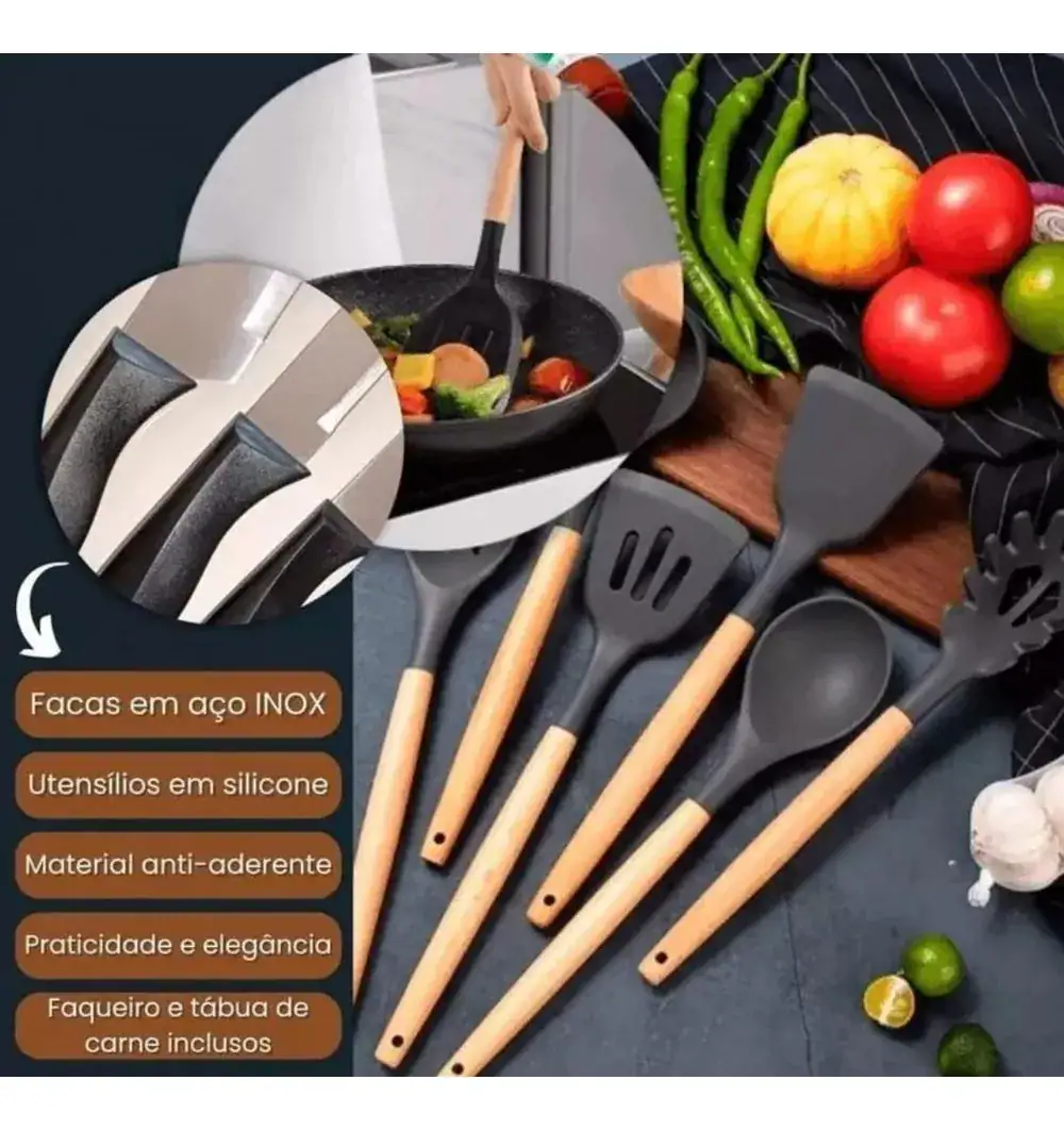 Kit 19 Utensílios Para Cozinha Com Tábua E Espátula Preto - Imagem 2