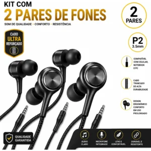 2 Fone P2 Premium Cabo Trançado Reforçado Microfone 1.2metro