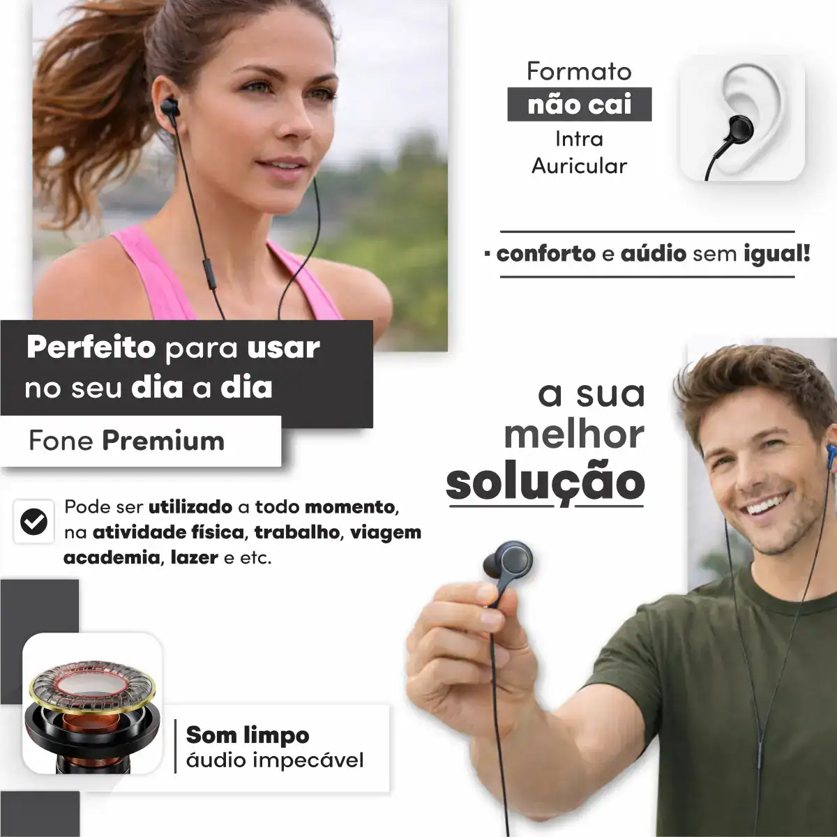 Fone De Ouvido Com Fio Intra Auricular 1.2 Metros 3.5mm Foninho Original C/ Microfone Anti Ruído Durável Celular PC Computador Notebook Esportivo Academia Corrida Não Cai Alto Com Entrada P2 Gurumania - Imagem 3