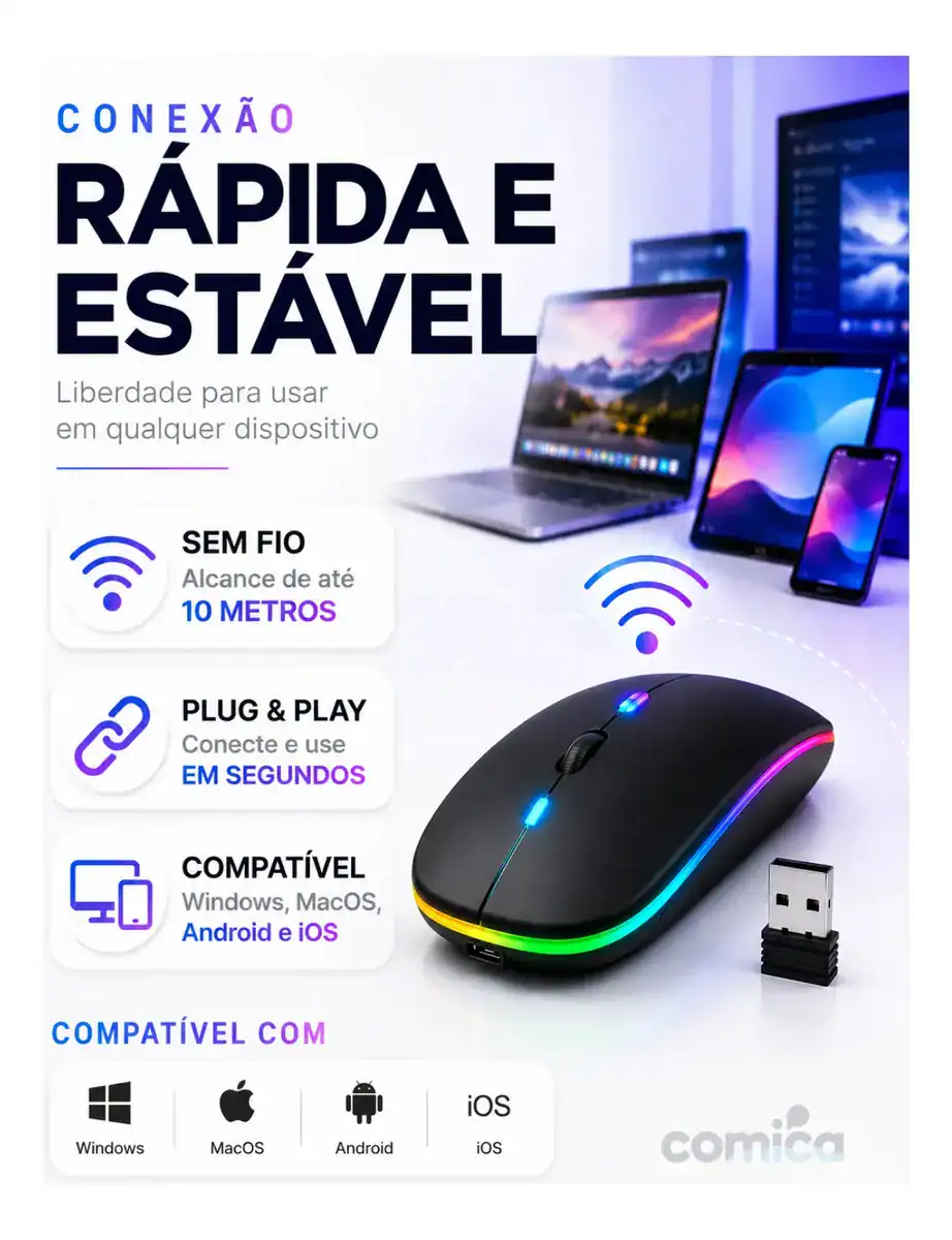 Mouse Sem Fio Recarregável Bluetooth Wireless Ergonômico Óptico Informática Gamer Led Rgb Notebook Pc Tablet Smartphone Comica - Imagem 5