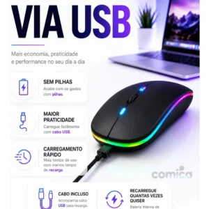 Mouse Sem Fio Recarregável Bluetooth Wireless Ergonômico Óptico Informática Gamer Led Rgb Notebook Pc Tablet Smartphone Comica
