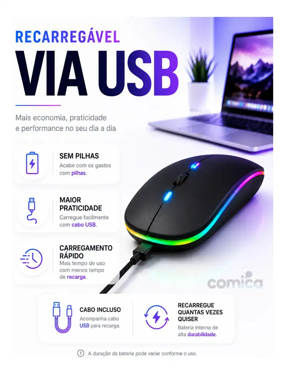 Mouse Sem Fio Recarregável Bluetooth Wireless Ergonômico Óptico Informática Gamer Led Rgb Notebook Pc Tablet Smartphone Comica