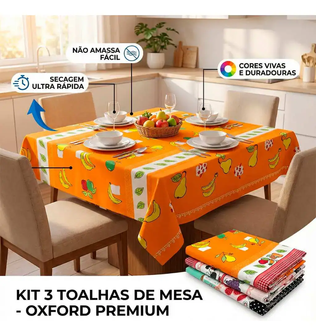 Kit 3 Toalha Mesa Quadrada 4 Lugares Oxford 1,40m Estampada - Imagem 5