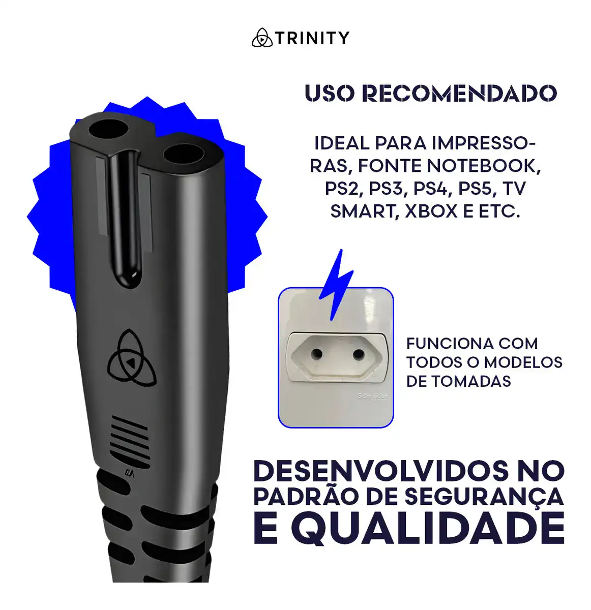 Cabo De Força 10a Bipolar Oitinho Para Impressoras, Fonte Notebook, Ps2, Ps3, Ps4, Ps5, Jbl, Xbox, Smart Tv, Fio Energia - Trinity - Imagem 8