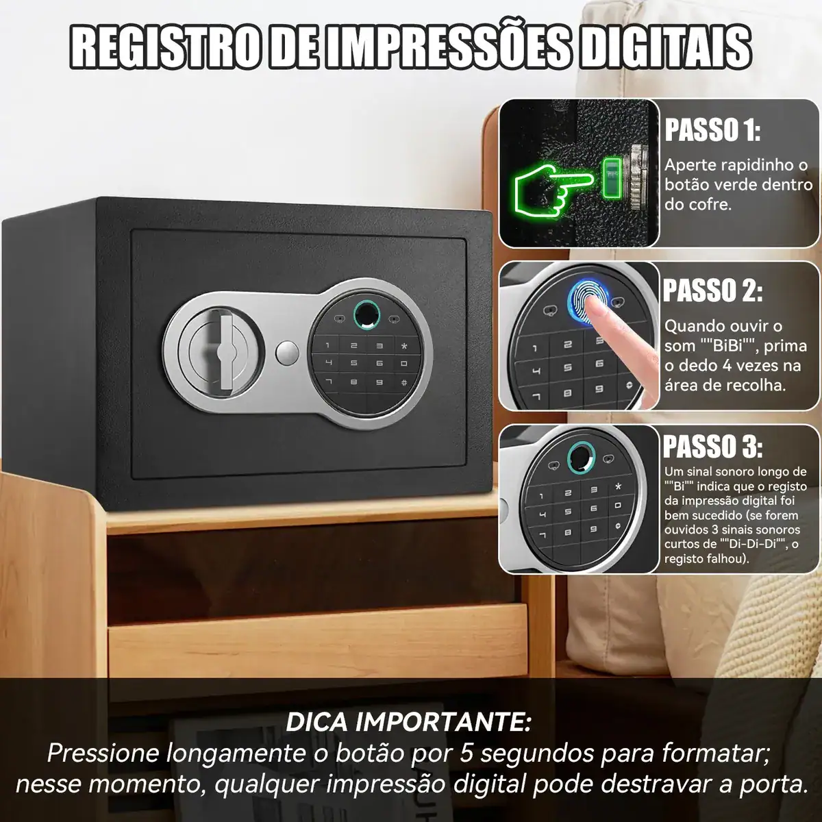 3 Em 1 Cofre Eletrônico Digital Biométrico Senha Ou Chave