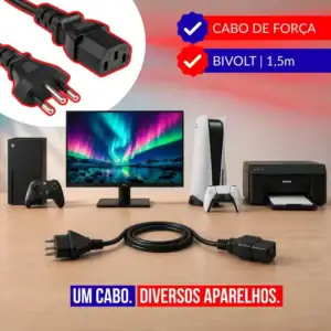 Cabo De Forca Tripolar 1,5m Reforcado Iec C13 Para Pc Monitor Impressora Fonte Nobreak Bivolt Alta Resistencia Energia Segura