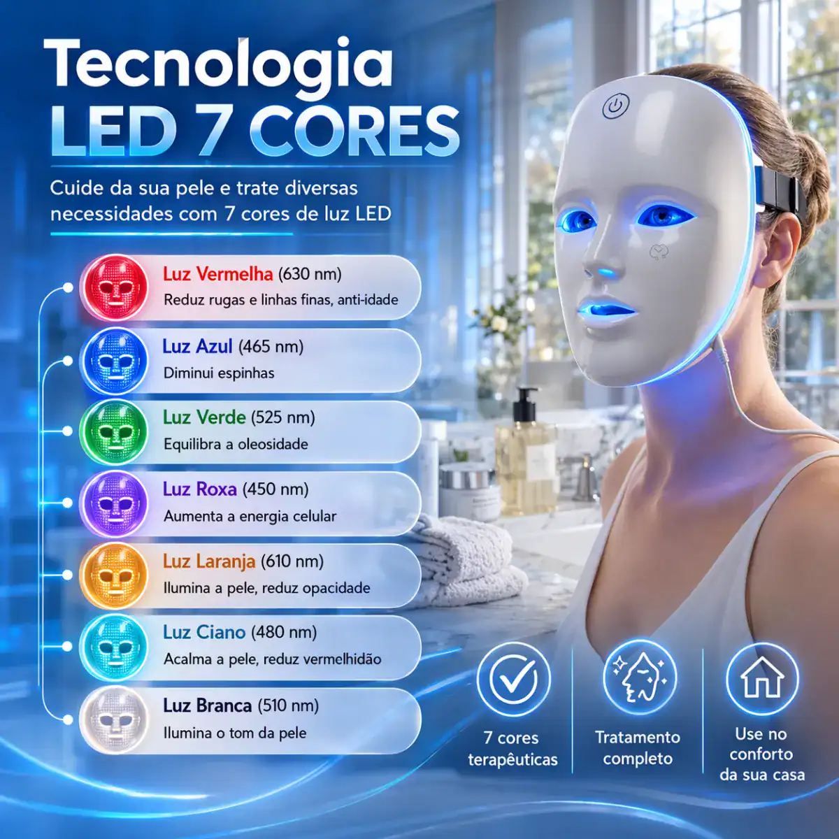 Kit Máscara Led 7 Cores Fototerapia + Massageador Facial