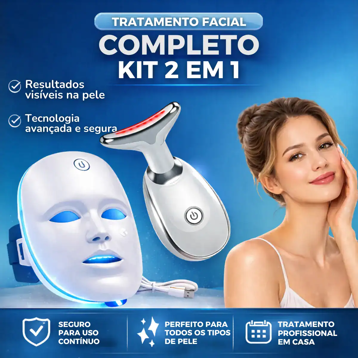 Kit Máscara Led 7 Cores Fototerapia + Massageador Facial - Imagem 7