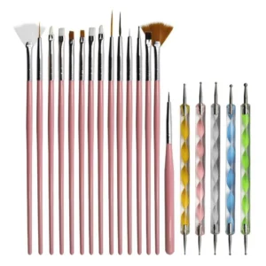 Kit 15 Pincéis Decoração De Unhas + 5 Boleadores Ponta Dupla Pincel Boleador Pontilhismo Alongamento Gel Manicure
